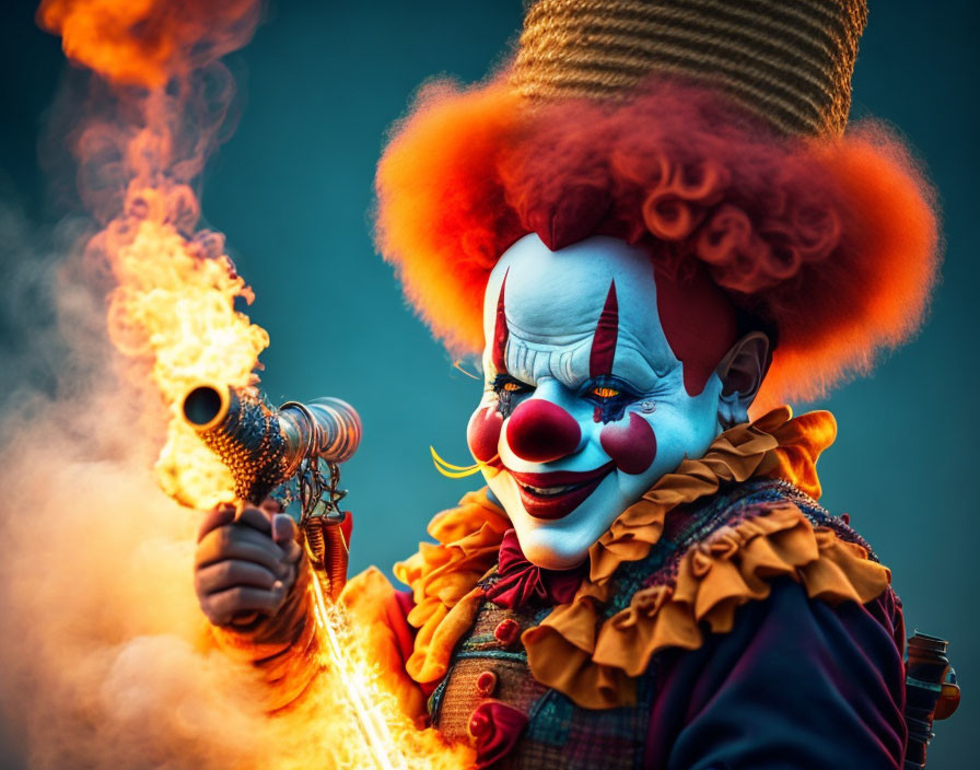 Colorful Clown with Flamethrower on Dark Blue Background