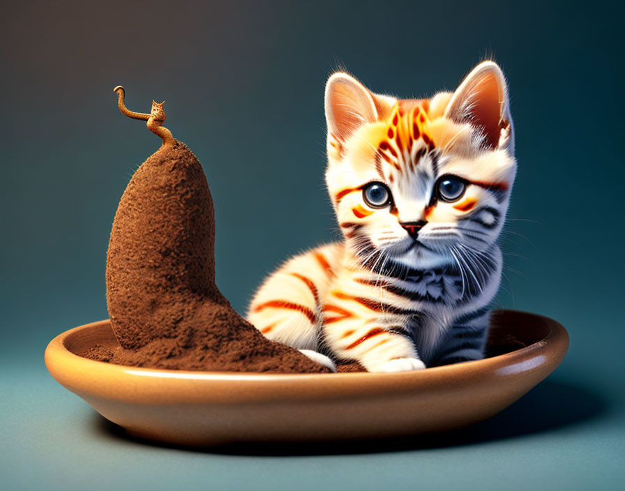 Orange-Striped Kitten and Molehill in Terracotta Dish on Teal Background