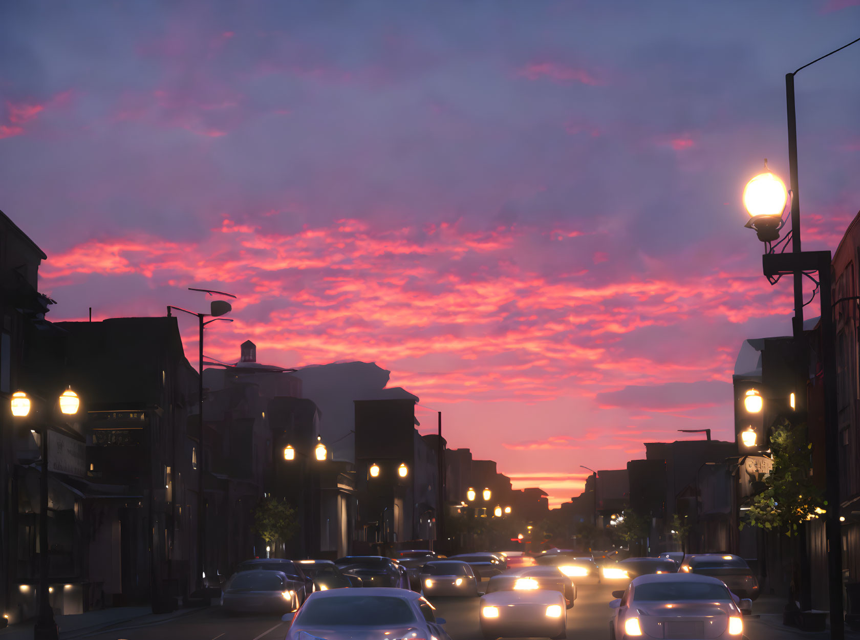 Urban street scene: dusk with streetlights, car headlights, pink and purple sunset sky