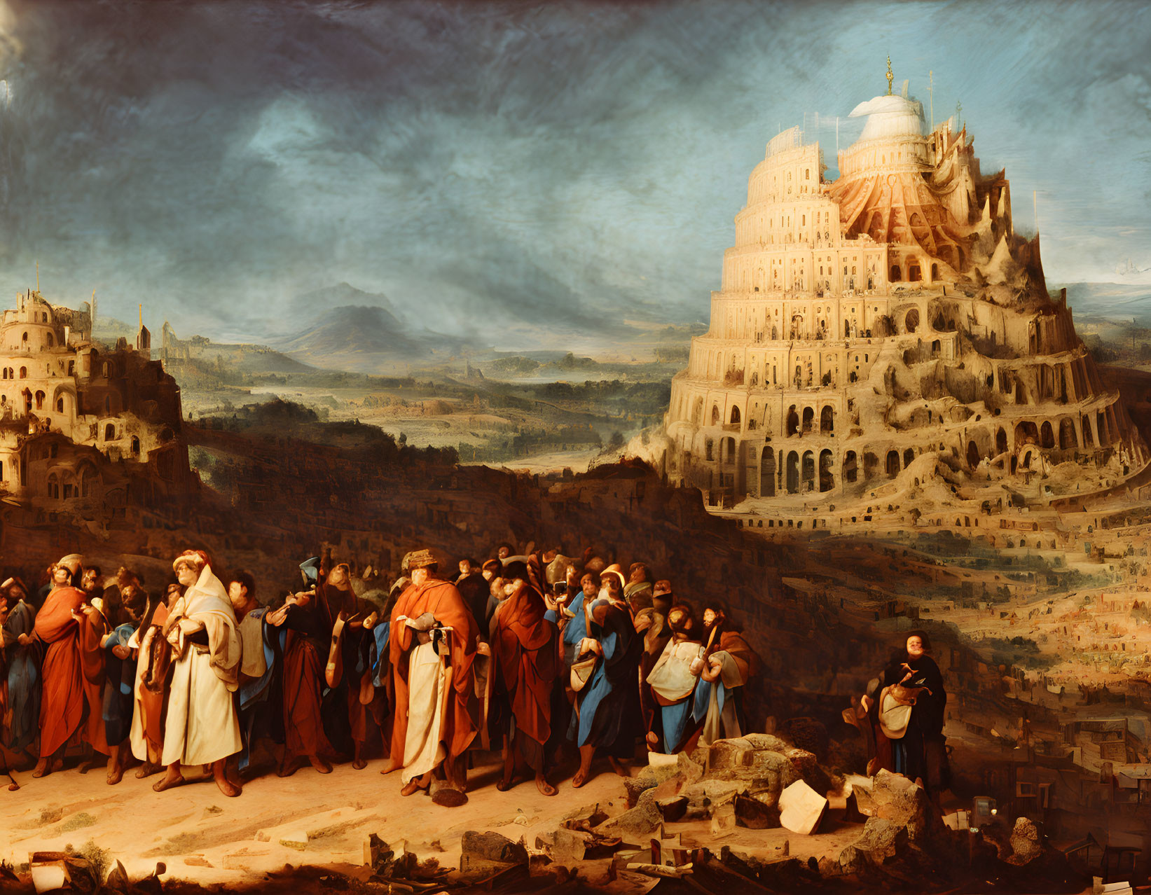 Classic painting of diverse people at incomplete tower symbolizing biblical story