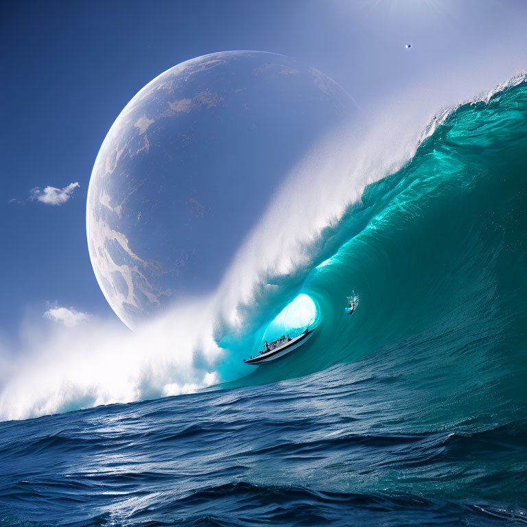 Massive moon over surfer riding giant blue wave in surreal scene