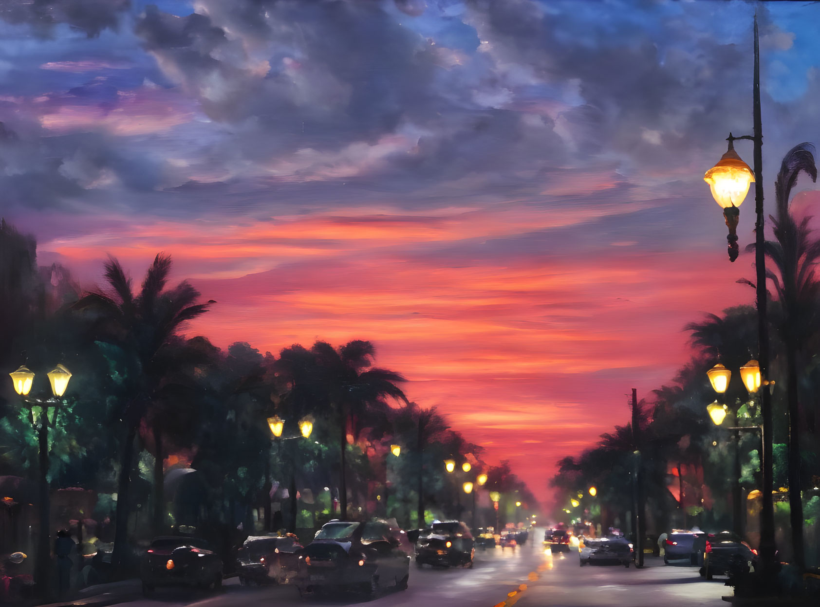 Colorful sunset over illuminated street with palm trees and cars.