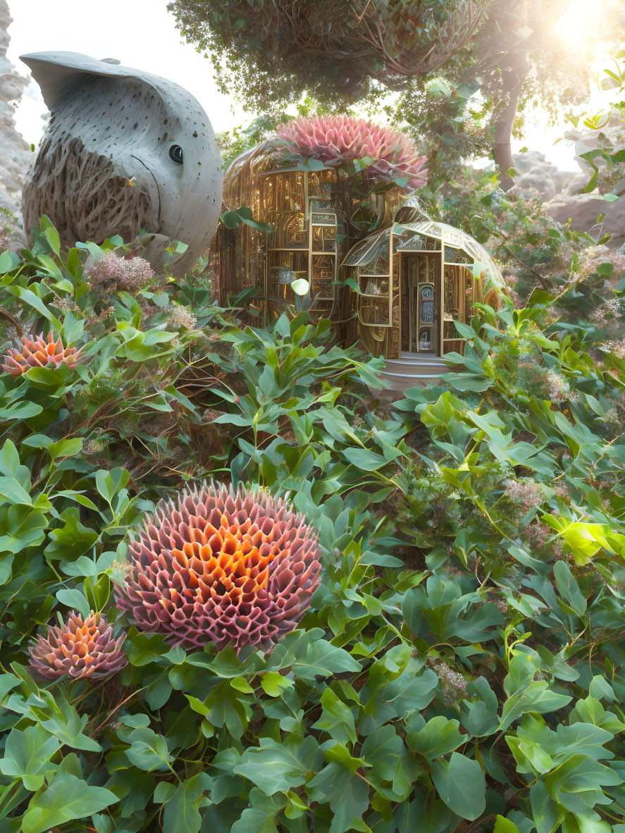 Large fish hovers over fairy-tale cottage in lush greenery