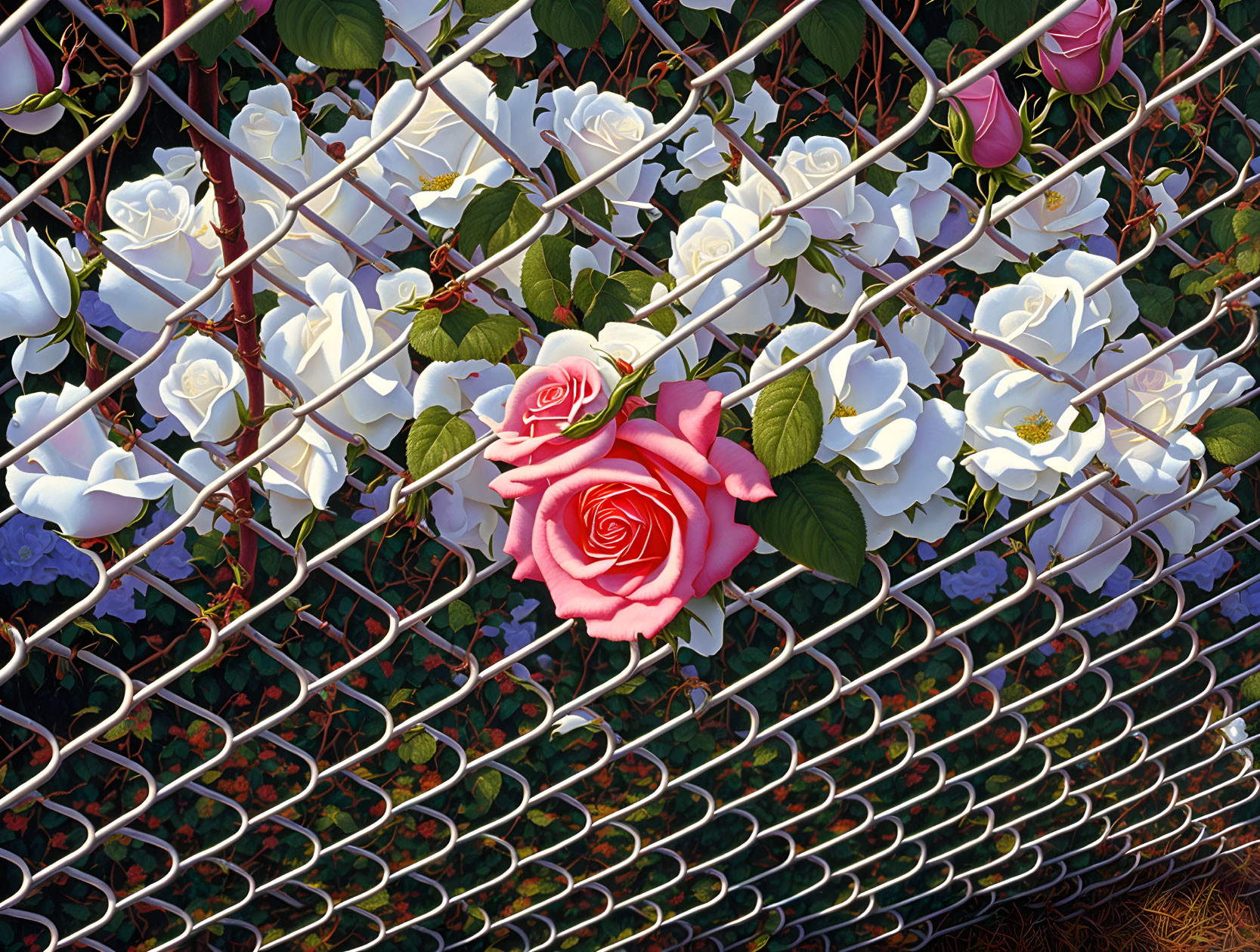 White and Pink Roses Intertwined on Chain-Link Fence