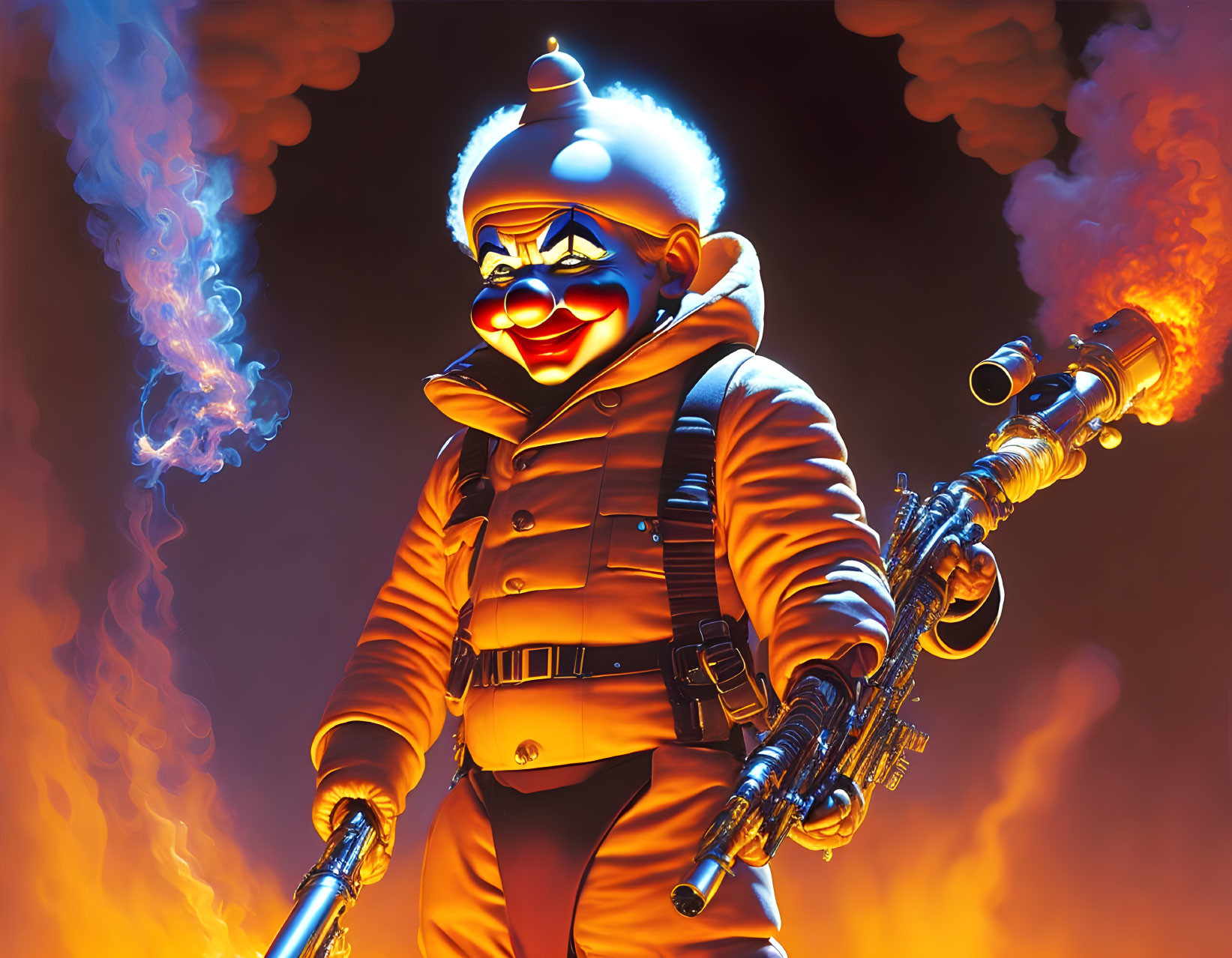 Sinister clown in orange outfit with smoking guns in fiery background