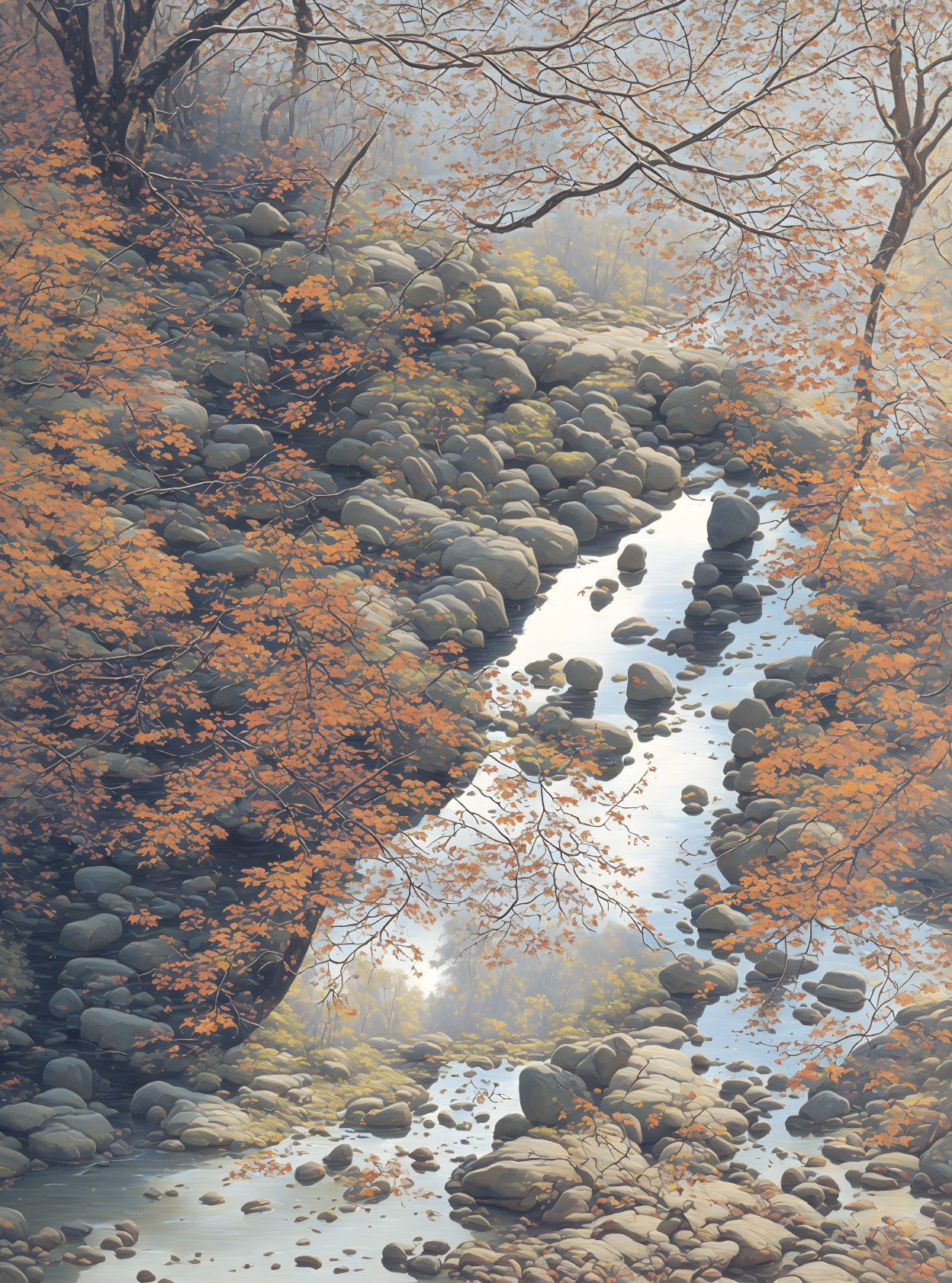 Tranquil Autumn Riverbed with Stones and Orange Trees