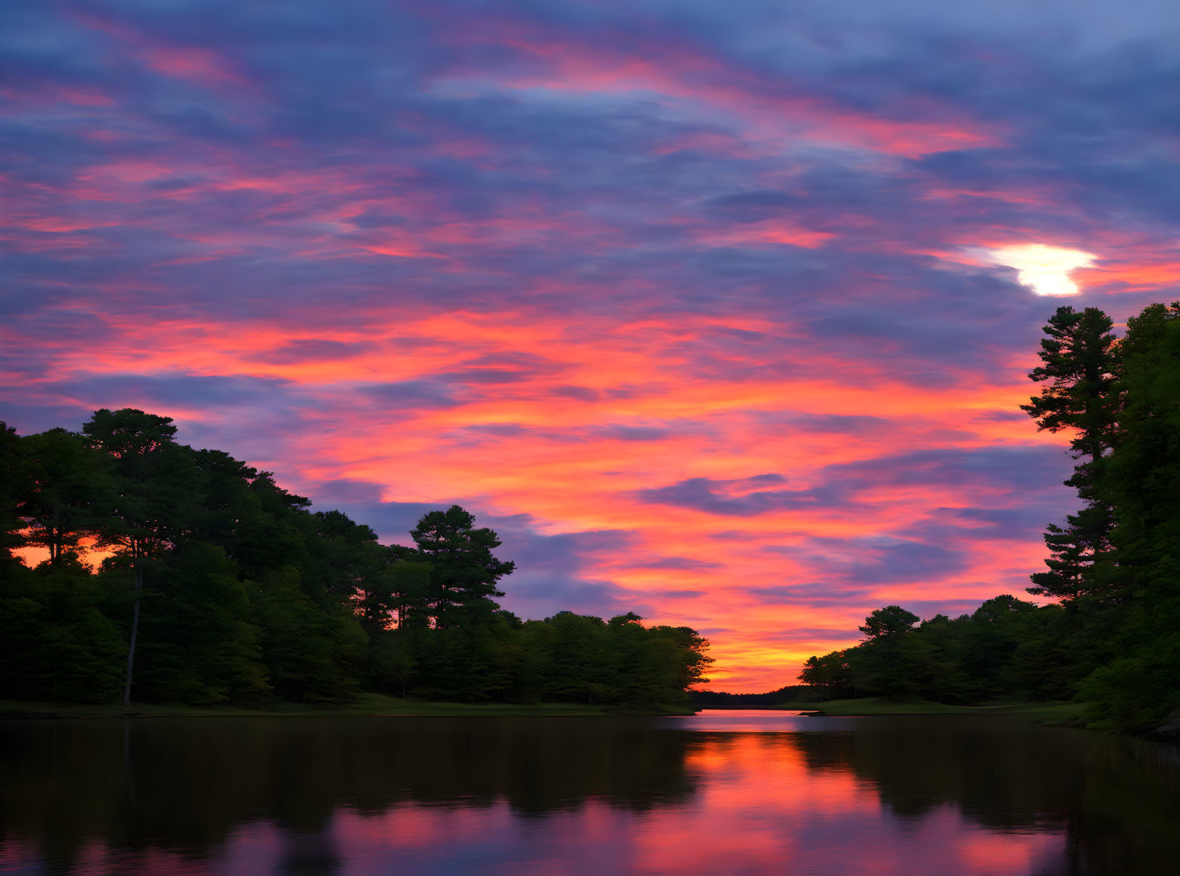 Vibrant pink and orange sunset reflected on calm lake with silhouetted trees