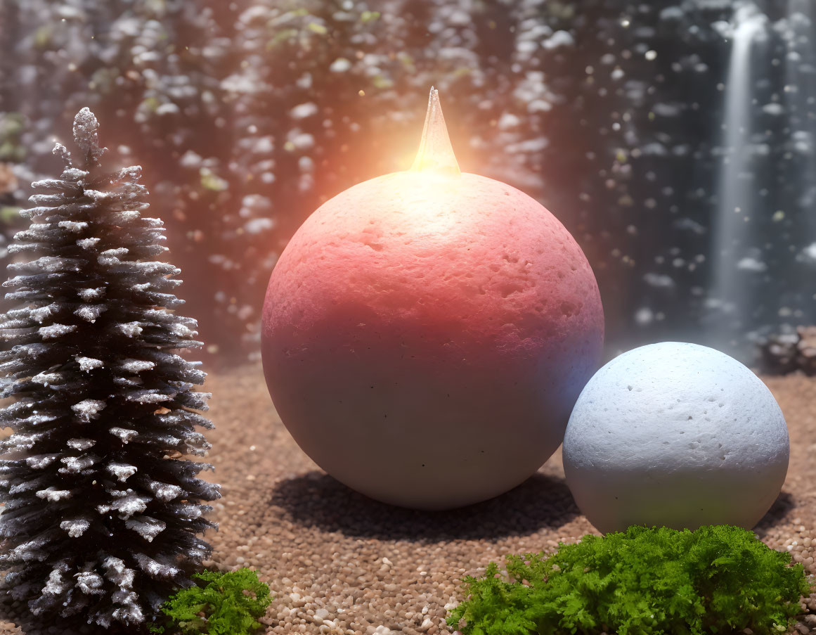 Gradient Color Lit Candle with White Ball and Snowy Christmas Tree on Bright Background