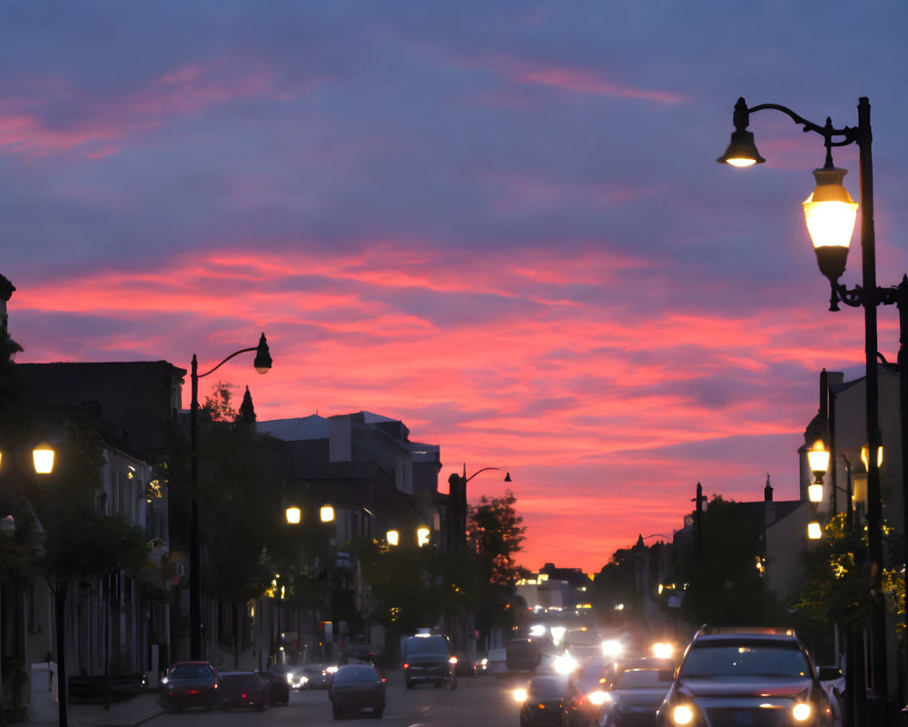 Vibrant sunset over urban street with pink and blue hues