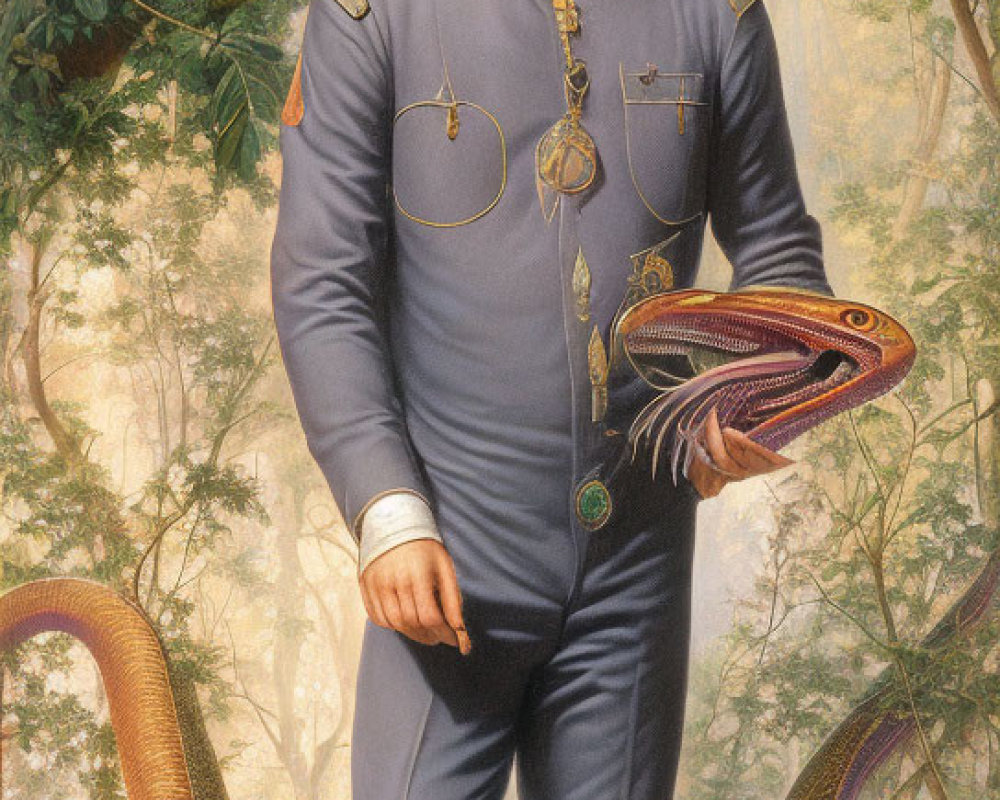 19th-Century Military Man Portrait with Serpent in Forest Setting