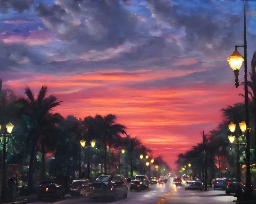 Colorful sunset over illuminated street with palm trees and cars.