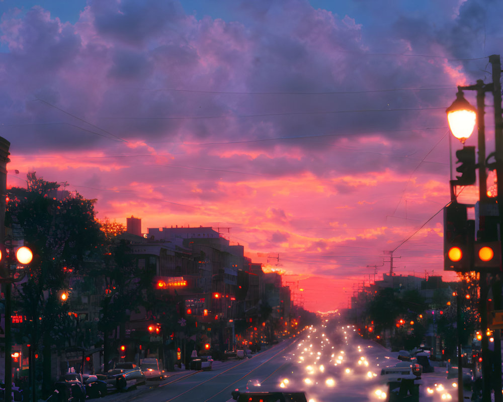 City street at sunset with pink-purple clouds and glowing lights