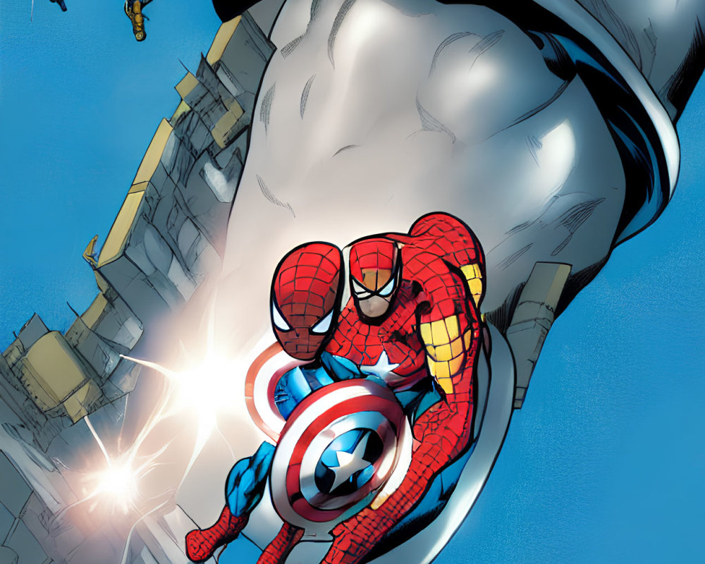 Superhero Spider-Man on Captain America's shield in mid-air with debris and characters around.