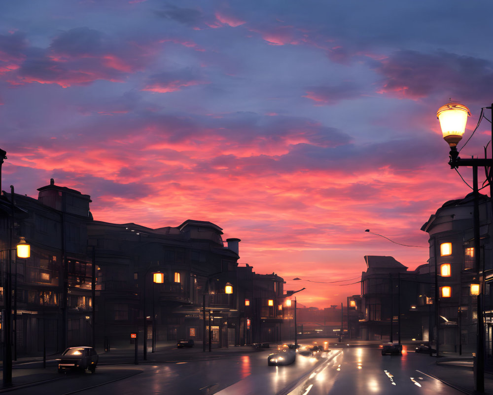 City street at dusk with glowing street lamps and car headlights under pink and orange sky