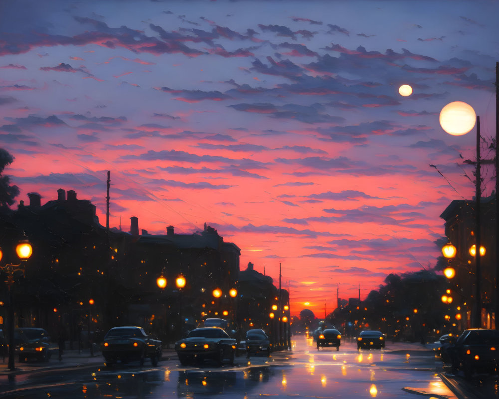 City street at sunset with pink and orange hues, glowing streetlights, and wet pavement