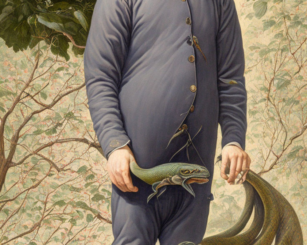 Vintage Outfit Person Holds Serpent in Forest Setting