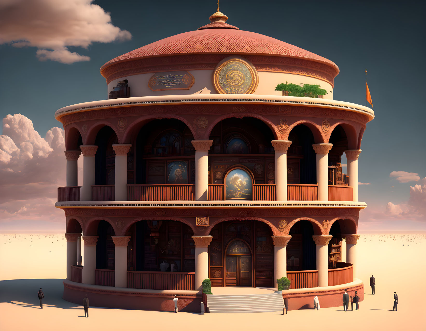 Circular multi-floor building with intricate designs in desert landscape