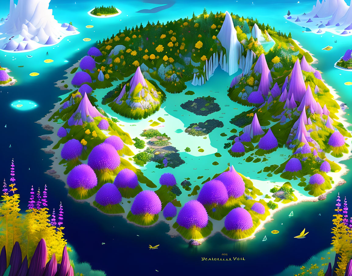 Fantastical island digital artwork: purple mountains, green grass, blue waters.