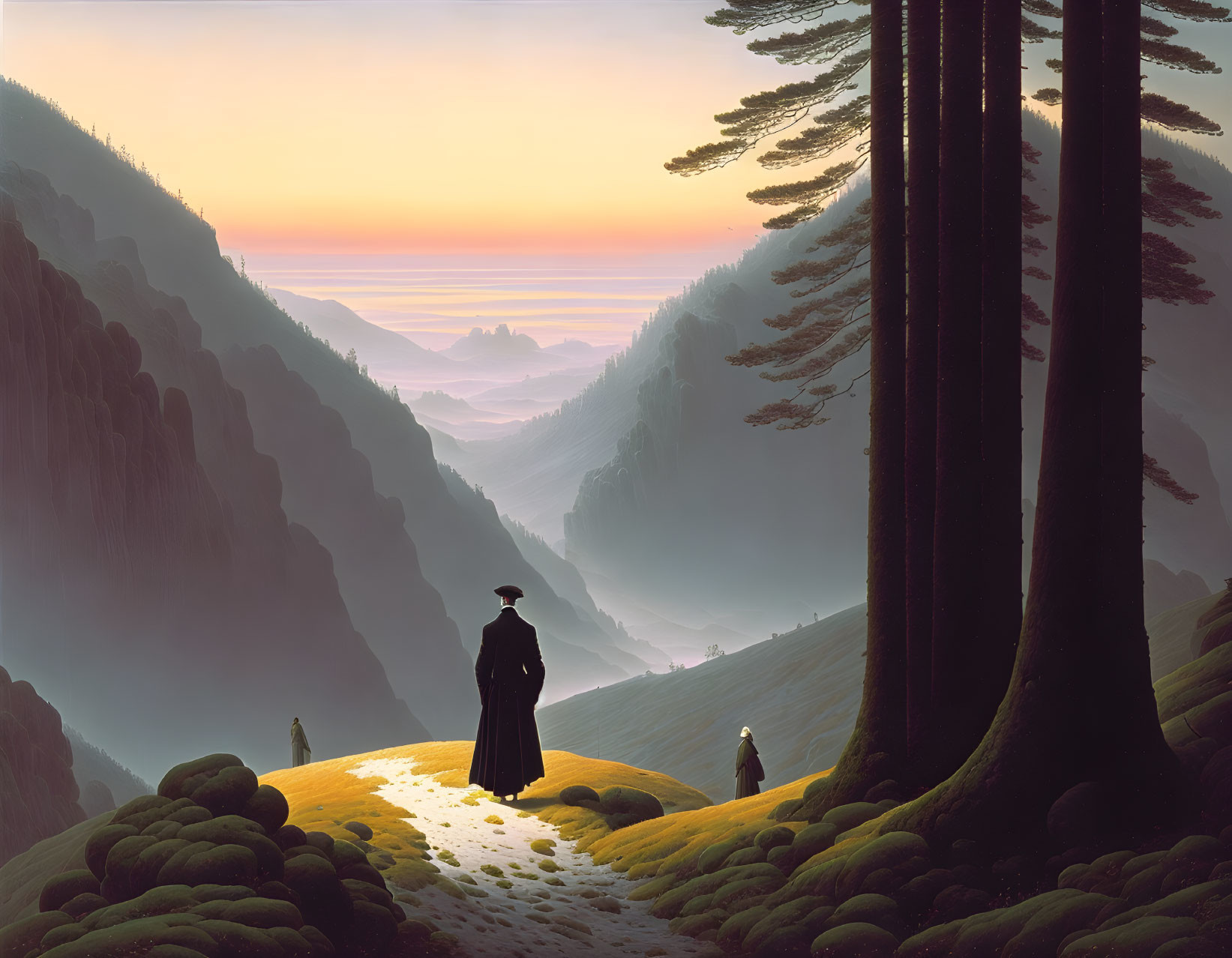 Sunrise landscape with figure in cloak, trees, hills, and ocean view