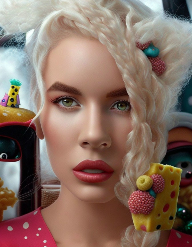 Portrait of woman with green eyes, red lips, and candy-themed hair accessories