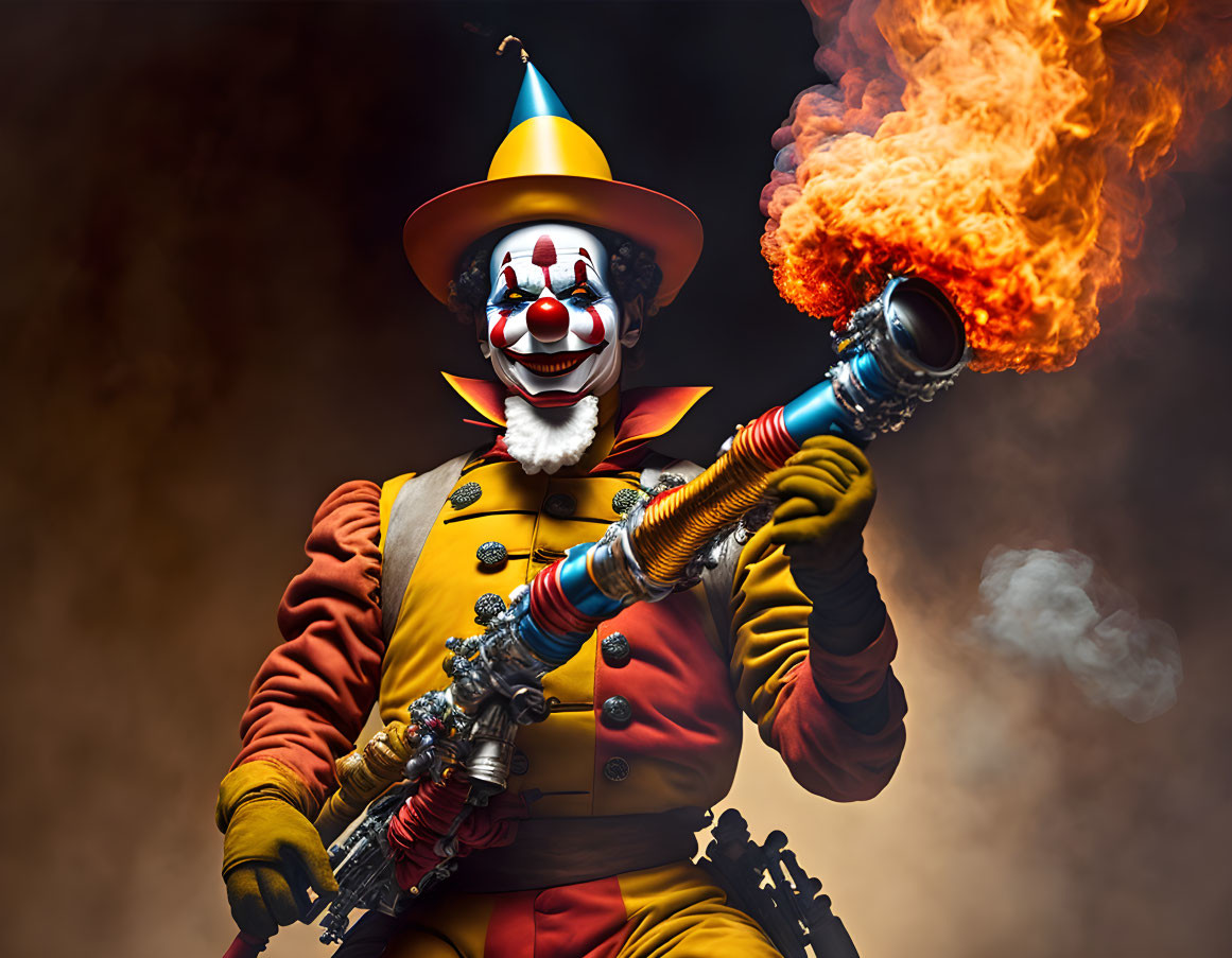 Colorful Clown in Yellow Suit Breathing Fire with Steampunk Flamethrower