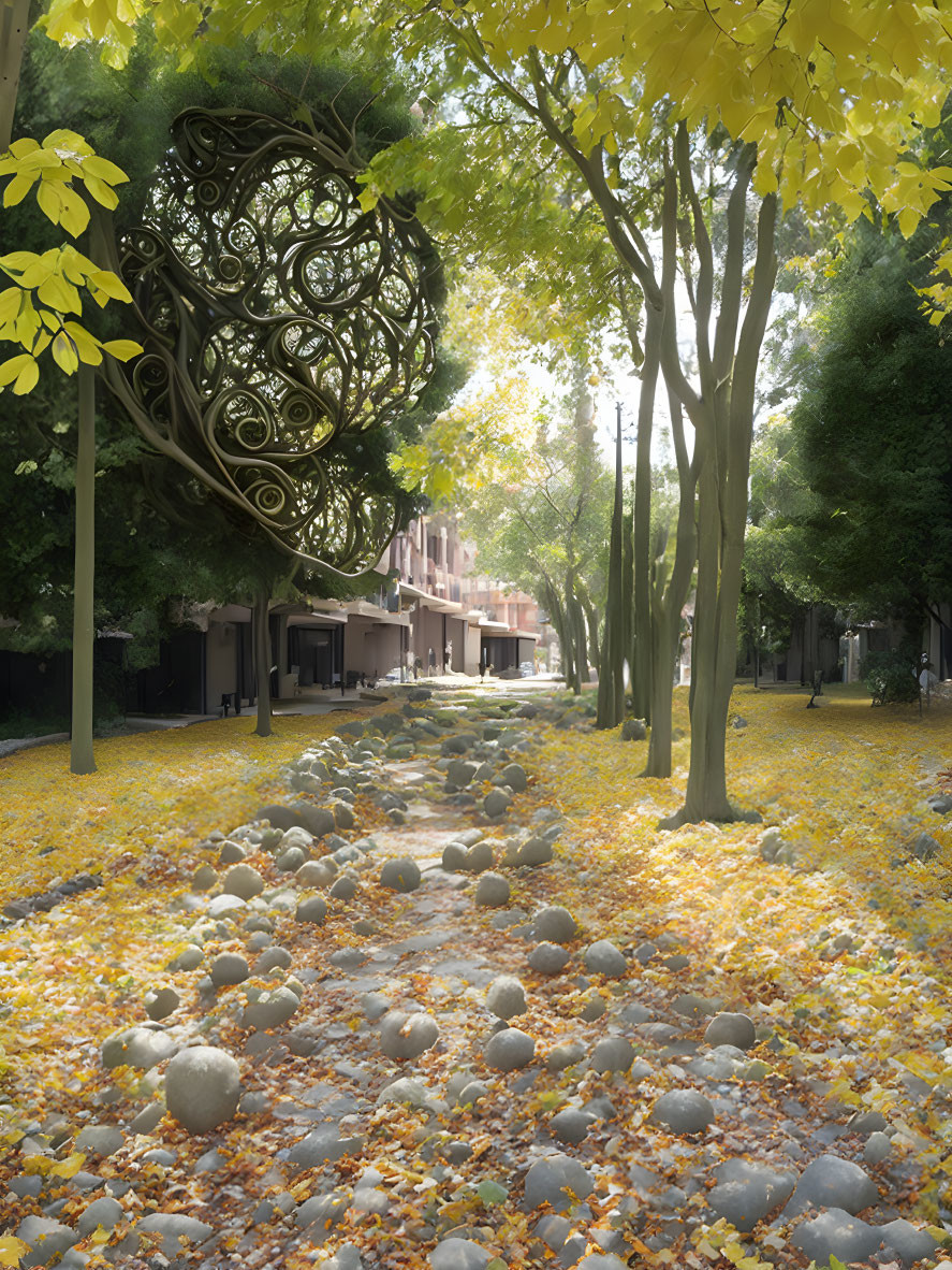 Autumnal street scene with trees, yellow leaves, and spherical sculpture