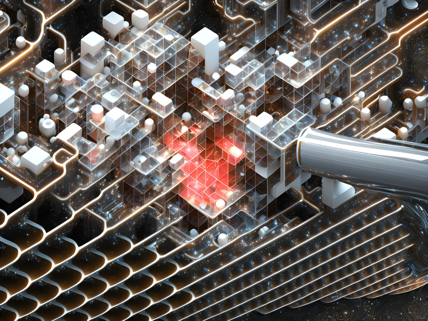 Futuristic 3D digital landscape with circuit lines, geometric shapes, and red core