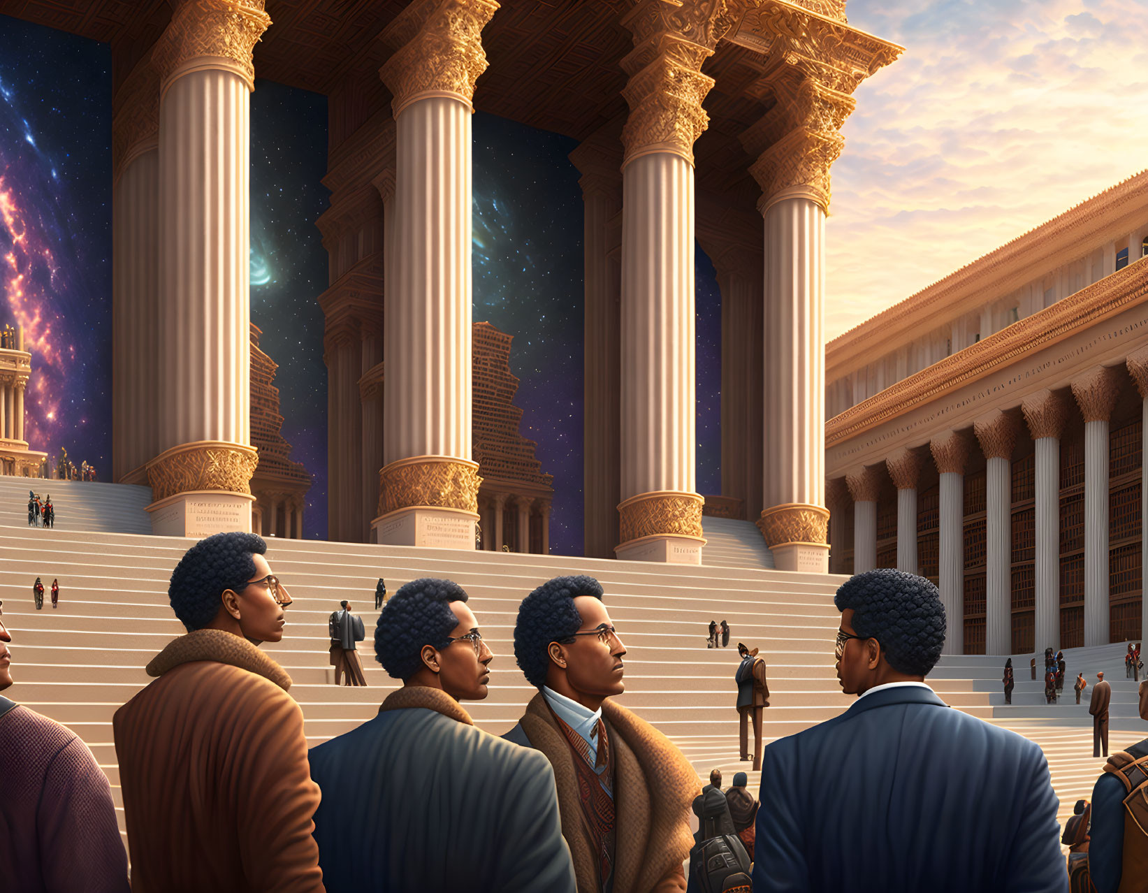 Four individuals conversing in front of imposing classical structure under cosmic sky.