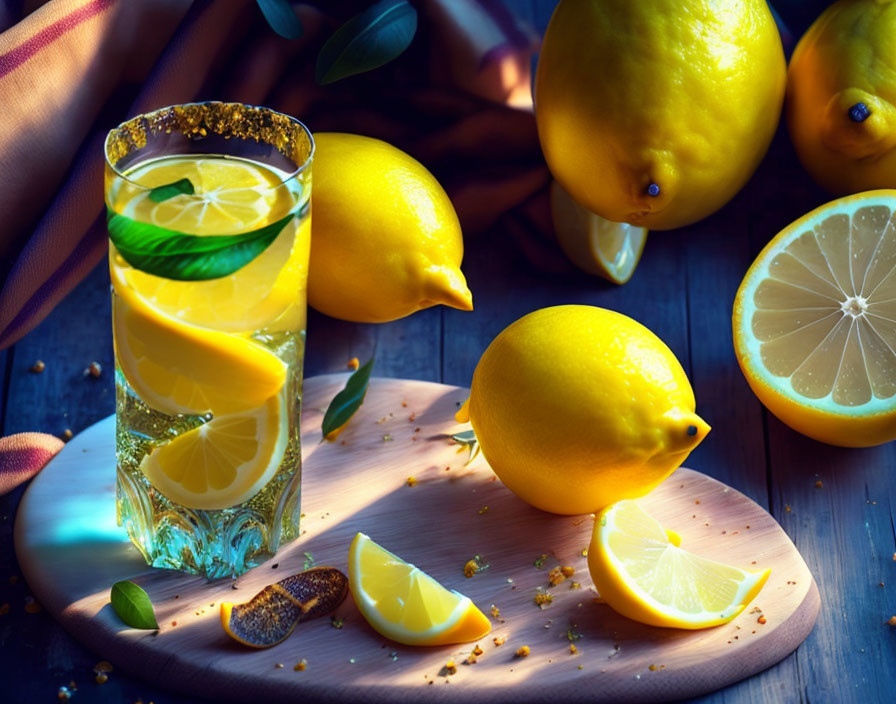 Refreshing lemonade with sugar-rimmed glass and fresh lemons on wooden board