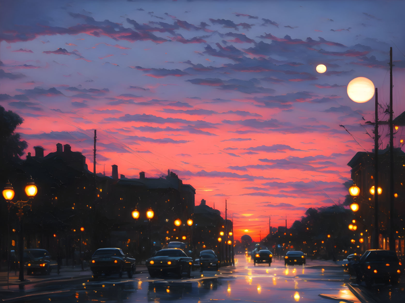 City street at sunset with pink and orange hues, glowing streetlights, and wet pavement