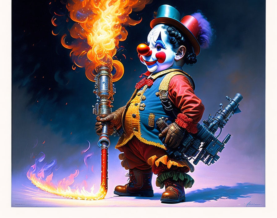 Colorful Clown Illustration with Flamethrower Cane and Fire Blast