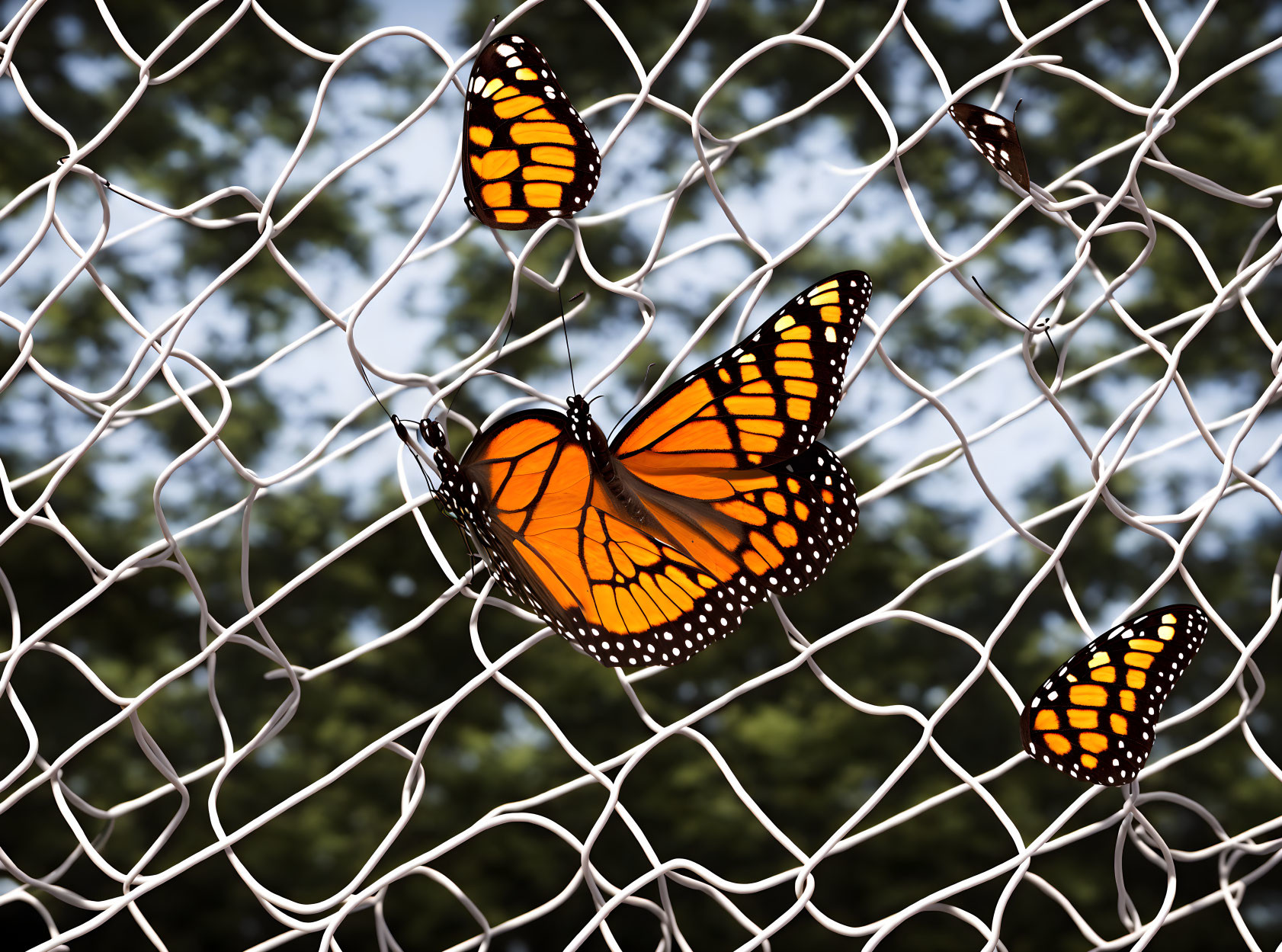 Colorful Monarch Butterfly on Chain-link Fence with Green Foliage