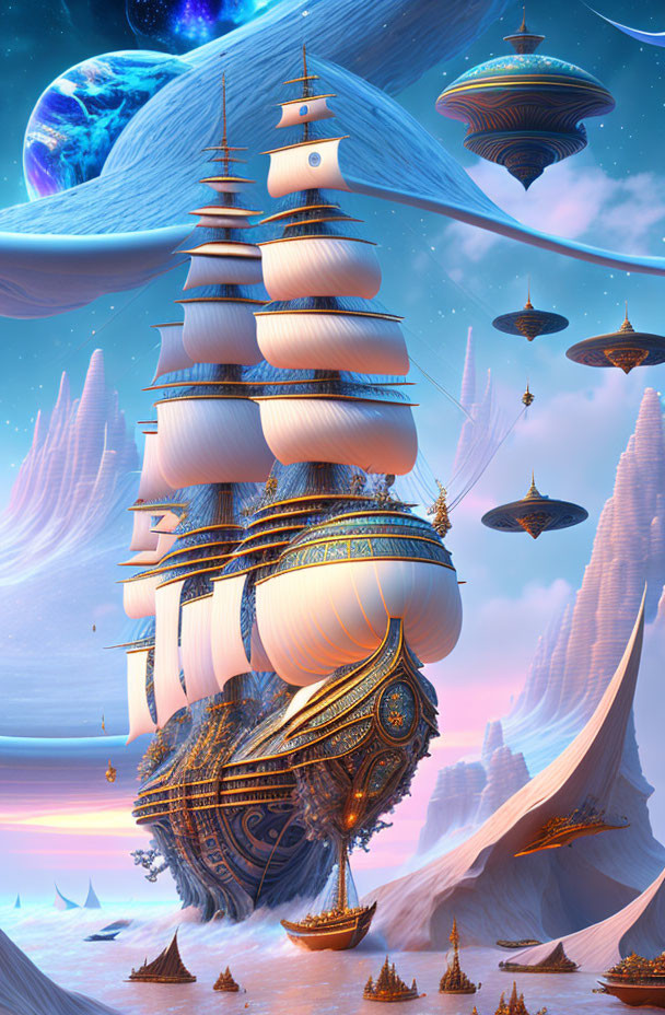 Fantastical scene: Towering ship-like structure, airships, alien landscape, large moon