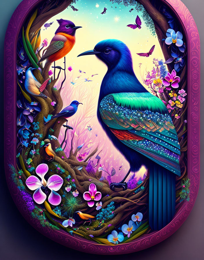 Colorful illustration of majestic blue bird with iridescent feathers, surrounded by birds, butterflies, and