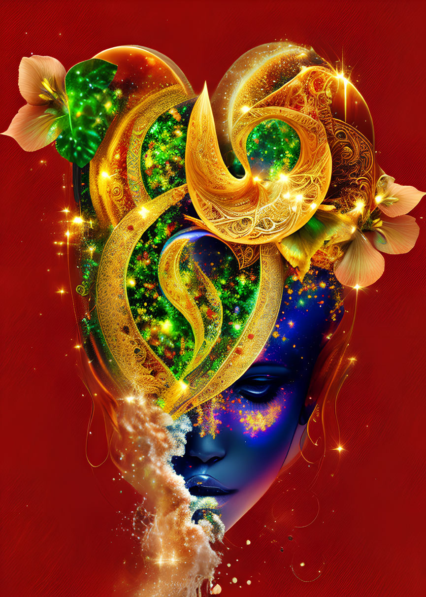 Colorful digital art: Blue face with celestial, golden swirls, green florals on red background