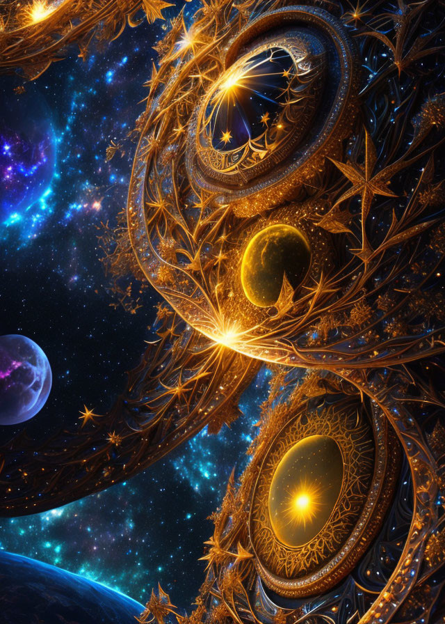 Fractal art: Vibrant cosmic structures with golden patterns in deep blue space