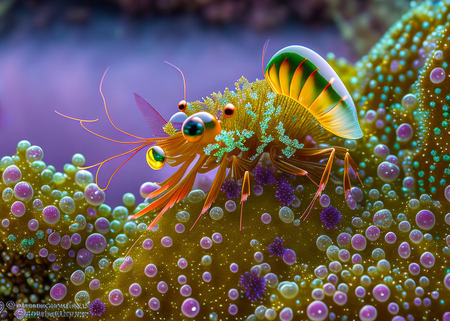 Colorful iridescent shrimp-like creature on bubbly surface