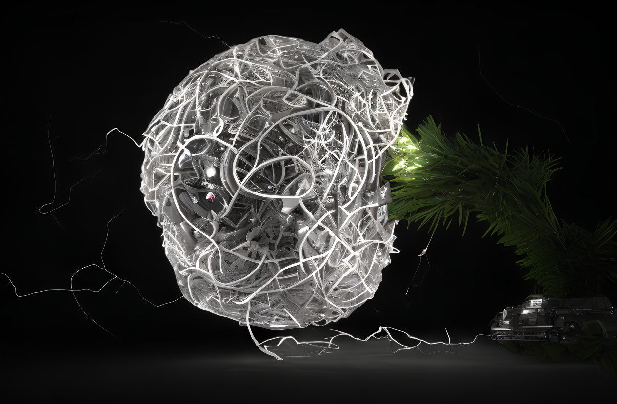 Intricate white neural network structure with glowing nodes near green foliage and car on black background