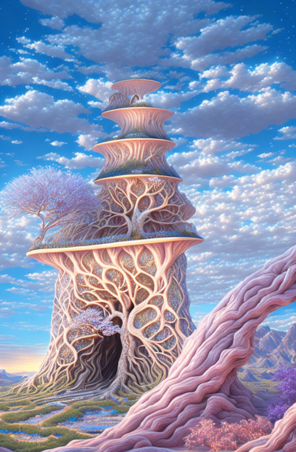 Whimsical landscape with towering tree-like structure and mushroom-shaped shelves against twilight sky