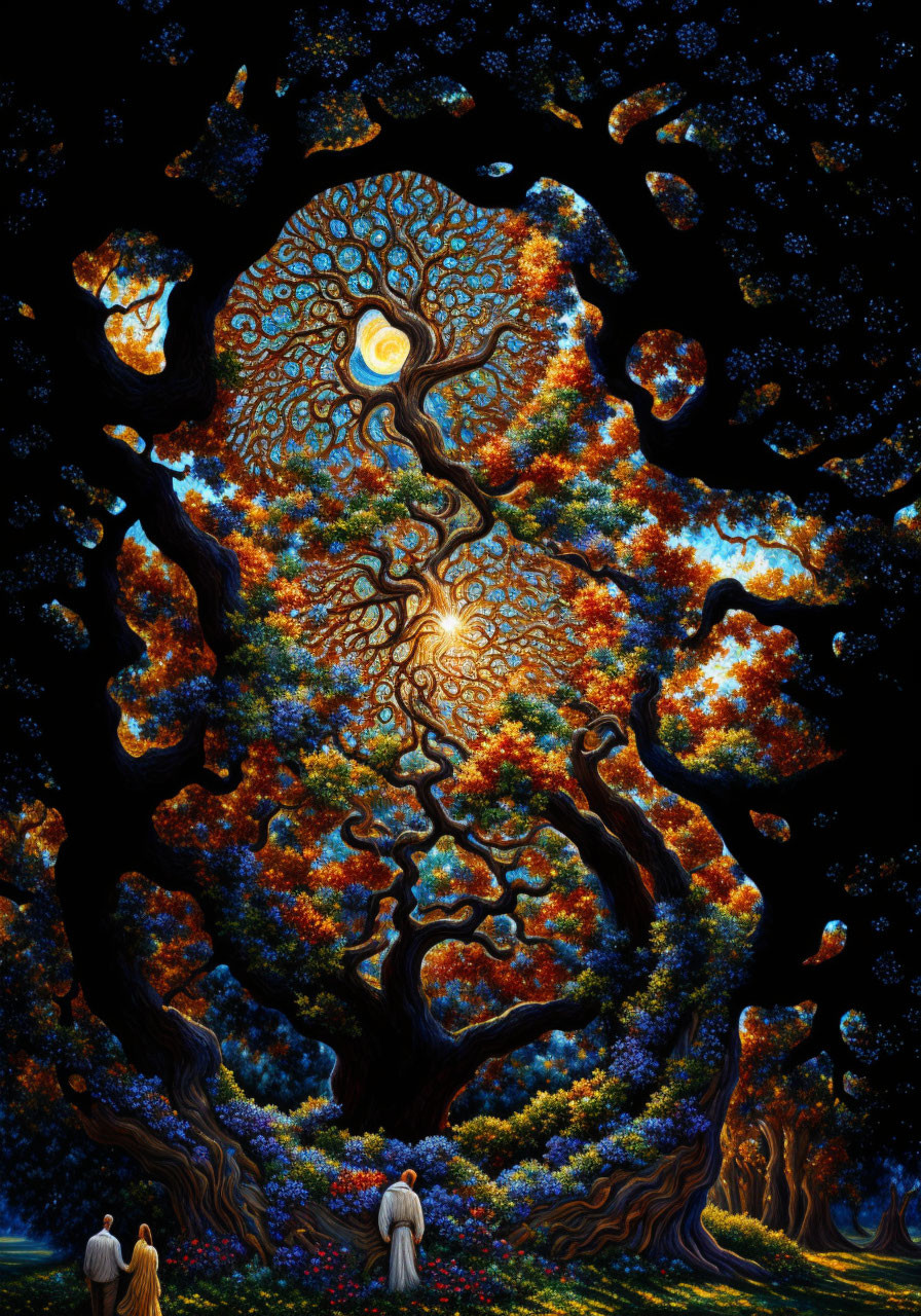 Surreal art: Colossal autumn tree under night sky