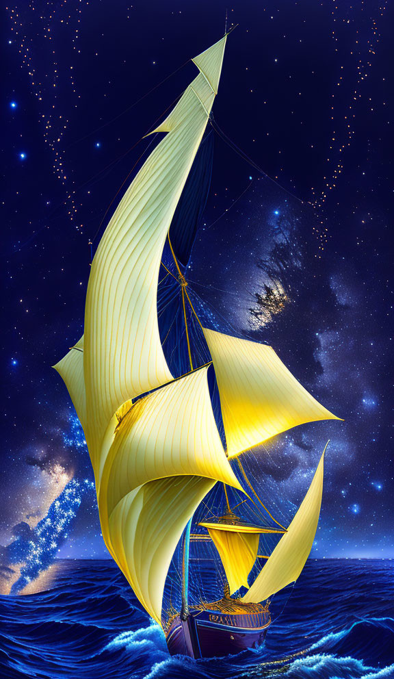 Golden ship with billowing sails on night sea and starry sky