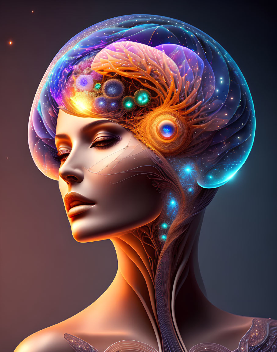 Digital artwork: Female figure with brain headpiece emitting cosmic and neural light.