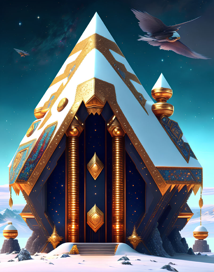 Fantasy pyramid with golden decorations in snowy night scene