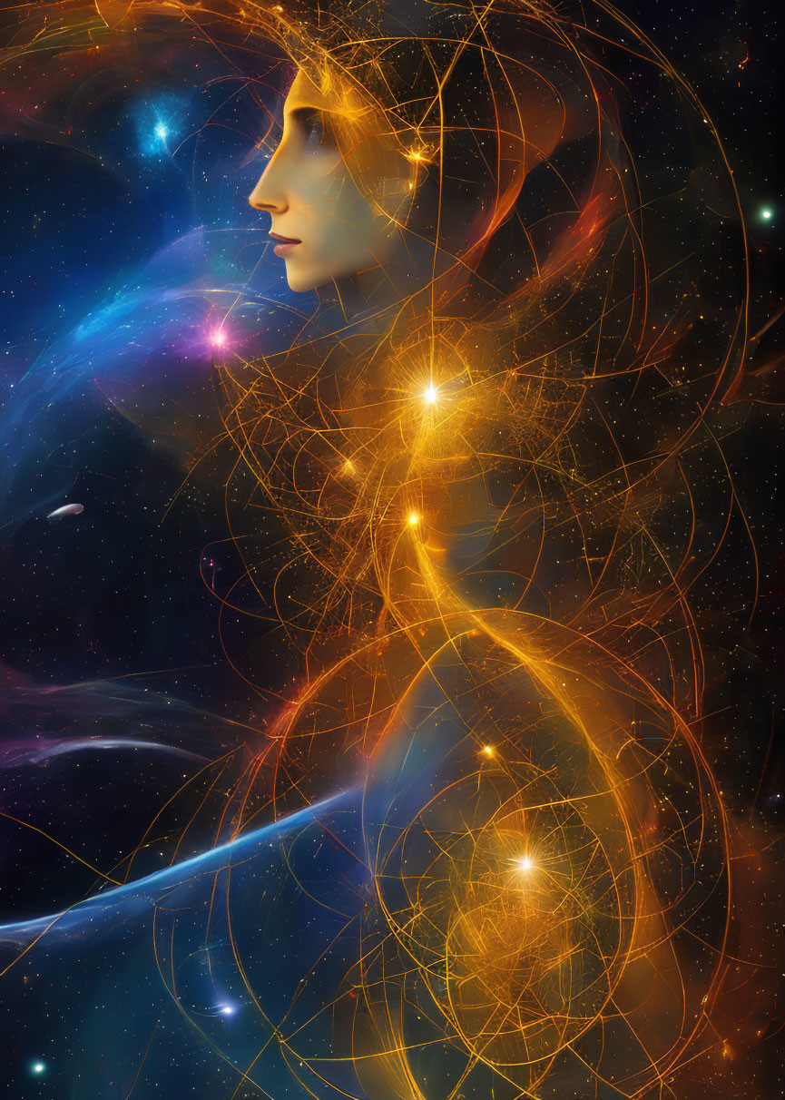 Digital art portrait of woman with cosmic hair and fractal designs on vibrant space background