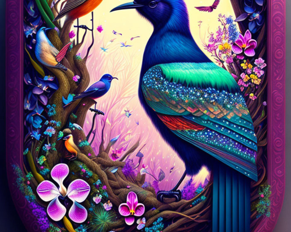 Colorful illustration of majestic blue bird with iridescent feathers, surrounded by birds, butterflies, and