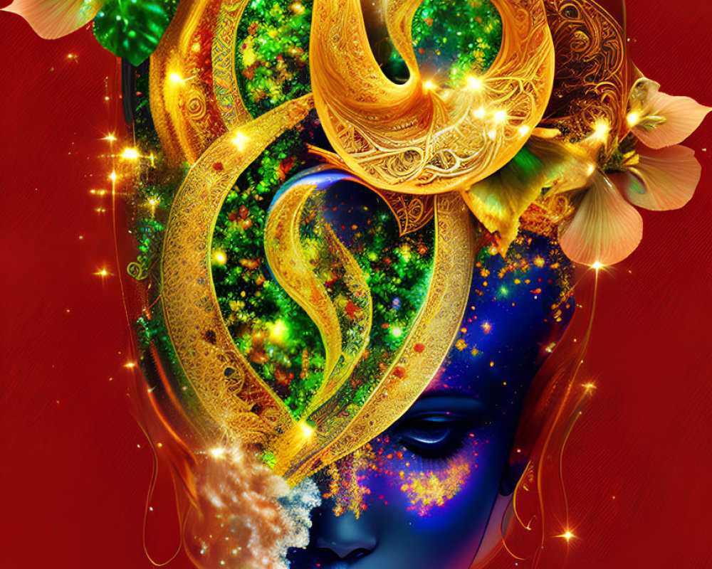 Colorful digital art: Blue face with celestial, golden swirls, green florals on red background