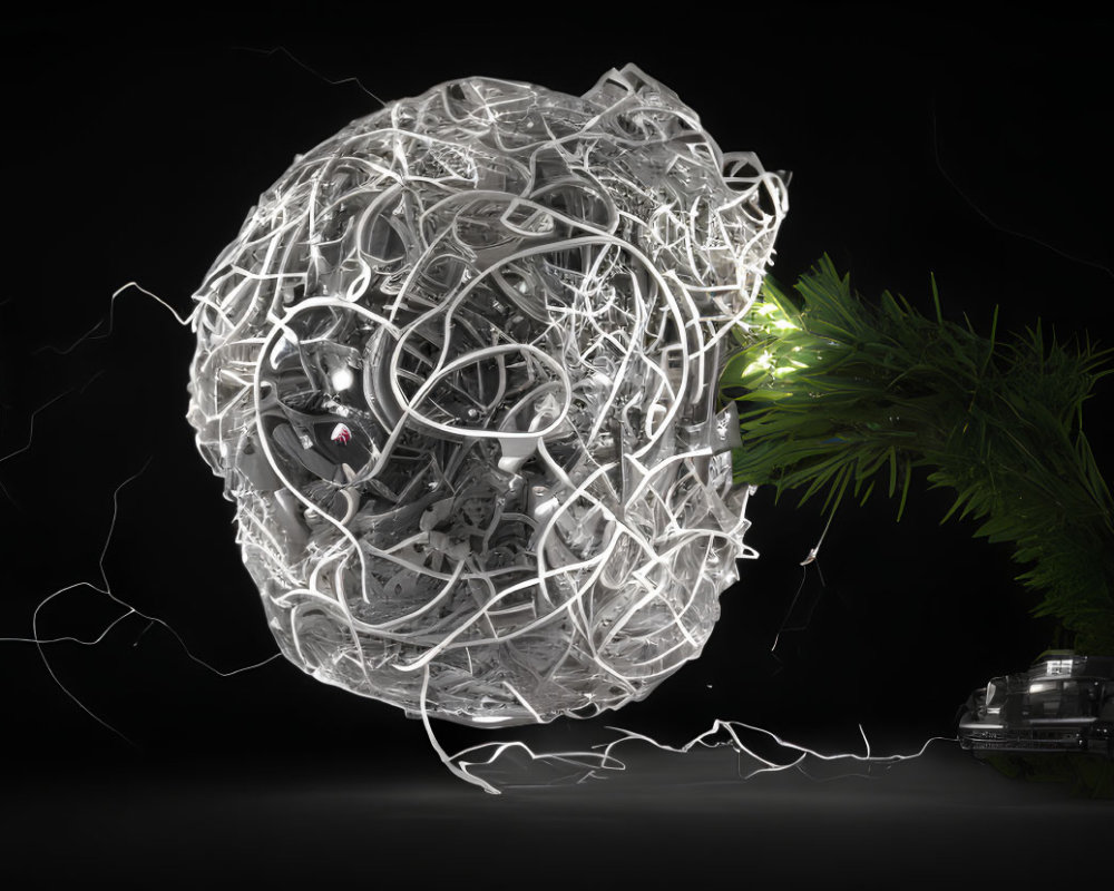 Intricate white neural network structure with glowing nodes near green foliage and car on black background