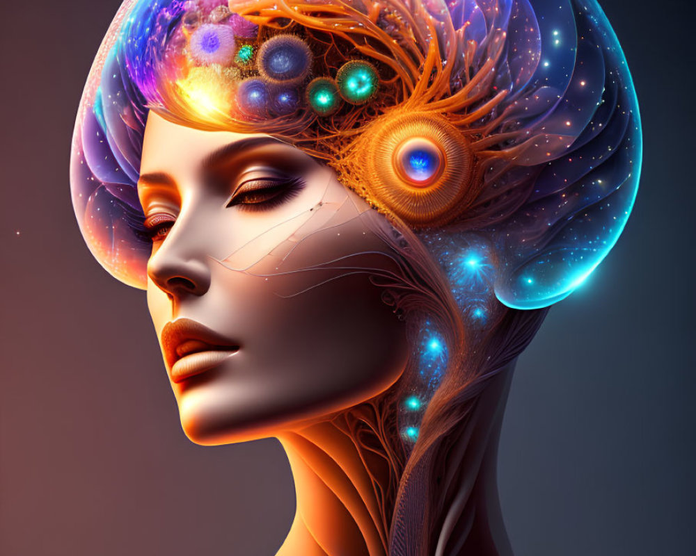 Digital artwork: Female figure with brain headpiece emitting cosmic and neural light.