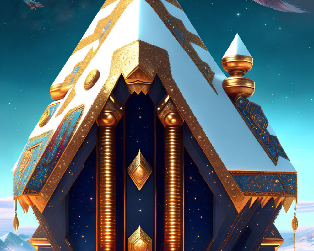 Fantasy pyramid with golden decorations in snowy night scene