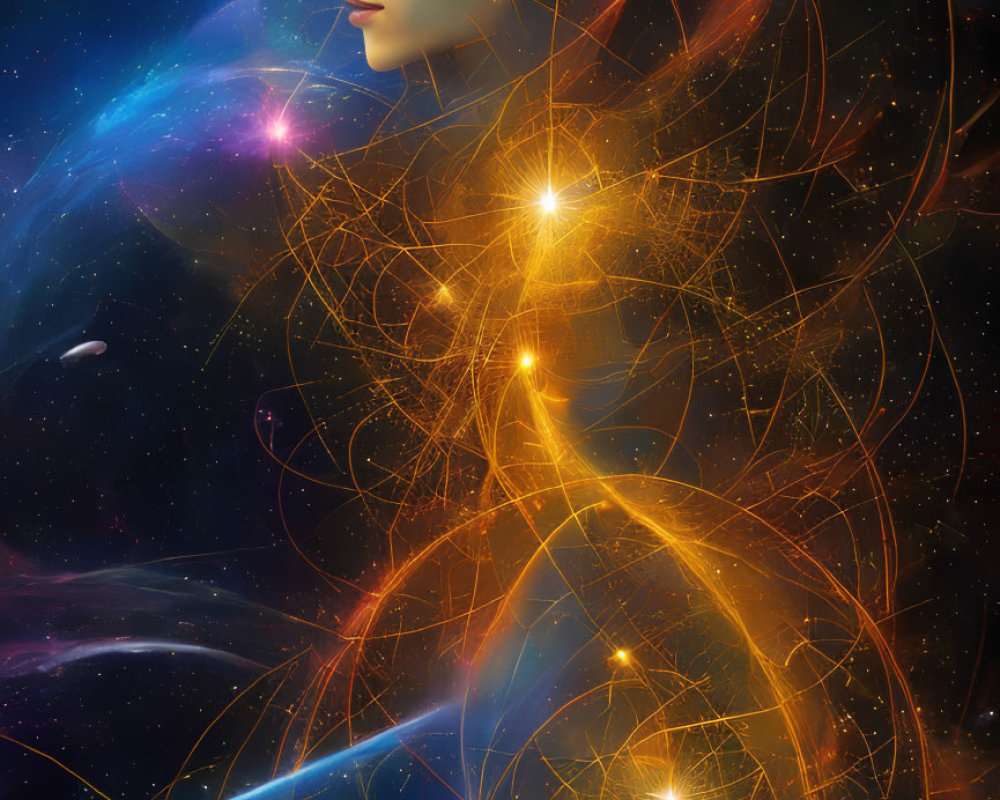 Digital art portrait of woman with cosmic hair and fractal designs on vibrant space background